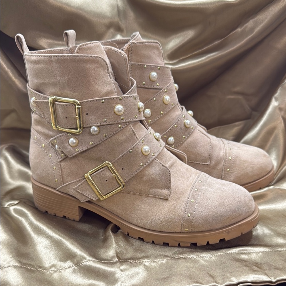 Pearl-Embellished Tan Ankle Boots